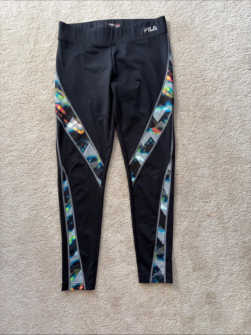 Fila Running Black Leggings with Multicolor Geometric Side Panels
